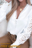 V-neck Long Lace Sleeve White Blouse Women Autumn 2023 Hollow Out Stitching Elegant Tops Vintage Lady Shirt Blusas