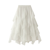 Fongt Spring New High-Waisted Lotus Leaf Side Splicing Mesh Dress Half-Dress Woman's Long-Term Large Folding Skirt 0889