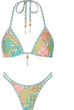 New Hanging Neck Print With Split Swimsuit Lady Sexy Bikini Beach