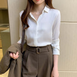 Elegant Satin Blouse Autumn Spring Turn-Down Collar Single-Breasted Long Sleeve Female Chiffon Shirt Ladies Blouse