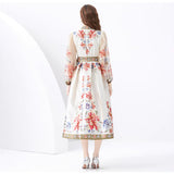 Fongt Style Retro Print Temperament Dress Female Long Sleeves With Thin Belt V-Neck Dress Long Dress
