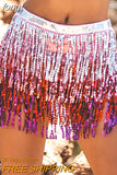 Sequins Women Set Sexy Deep V Neck Backless Bra Crop Tops With Color Multilayered Tassel Mini Skirt Party