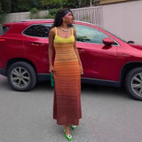 Fongt Retro Gradient Striped Knitted Dress Sleeveless Sling Skirt Slime-Skinny Sweater Skirt