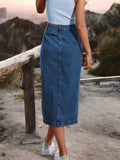 Side Slit Buttoned Denim Midi Skir-Outfit