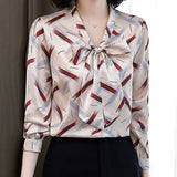 Silk Blouses Women Satin Print Blouse Women Long Sleeve Shirts Woman V-neck Silk Blouses Ladies Floral Blouse for