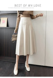 2022 Autumn Winter Women's Skirts Pu Leather Half-length Skirthigh-waist Mid-length A-line Skirt Elegant Splicing Women