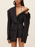 Blazers Women Lapel Long Sleeve Off Shoulder Patchwork Button Solid Blazer Female Spring 2023 Style-Outfit