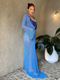 Mesh See Through Long Sleeve Women Dress 2023 Summer Casual Sexy White Maxi Beach Dresses O Neck Solid Loose Outfits-Outfit