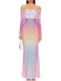 Fongt 2025 New Fashion Design Personality Color Printing Sexy Shoulder Mesh Yarn And Hip Dress Dress