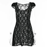 Square Collar Black Mini Dresses 2022 Summer Sexy High Waist Short Sleeve Beachwear Bodycon Hollow Out Sundress
