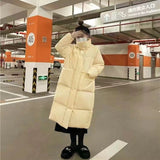 Standing Collar Long White Duck Down Down Jacket Female 2024 Winter New Thick Large Pocket Over The Knee Loose Warm Coat-Outfit