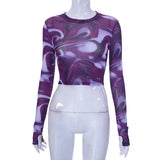 Spring New Round Collar Cover Print Open-Umbil Umbilical Cover Finger Long-Sleeved Casual Women's Top