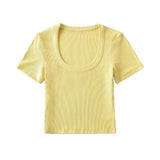 Trendy Women's Sexy Large U-Collar Short Navel Blouse Tight Solid Color Pullover Short-Sleeved T-Shirt-Outfit