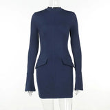 Dark Blue Long Sleeve Bodycon Mini Dress-Outfit