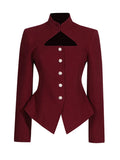 Fongt Sexy Wind Suit Jacket Female Autumn 2024 The New Standing Collar Hollow High Sense Long Sleeve Women's Small Suit-Outfit