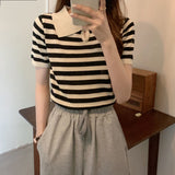 Careful Machine Striped Small Clip Red Short Sleeve Knitted Shirt Girl Summer New Design Sensational Small T-Shirt