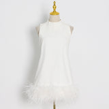 Fongt Design Sense Solid Color A-Line Skirt 2024 Spring Round Collar Sleeveless Hem Ostrich Hair Decoration Loose Dress-Outfit