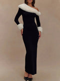 Off-shoulder Black Fur Trim Long Sleeve Maxi Bodycon Dress-Outfit