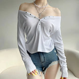 Fongt Girl Wind Low Chest Reasted Basic Knit Long Sleeve T Shirt Loose Versatile Lazy Feeling Casual Top-Outfit