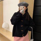 Fongt Horn Button Solid Color Sweater Coat Women's Winter 2024 New Loose Lazy Wind Hoodie Knit Cardigan-Outfit
