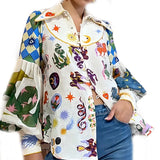 Fongt Women's New Temperament Commuter Print Lapel Single Breasted Lantern Sleeve Women's Shirt