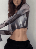 Cropped Flare Cuffs Mesh Blouse-Outfit
