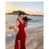 Fongt High-End Red V-Neck Hanging Neck Sling Dress Women Feel Forked And Hip Dress Seaside Holiday
