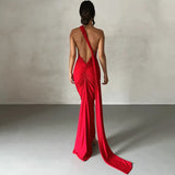 One Shoulder Backless Adjustable Scarf Loop Ruched Sexy Maxi Dress Women Elegant Y2K Streetwear Festival Outfit-Outfit