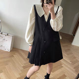 Folds Peter Pan Collar Puff Sleeve Single Breasted Shirt Loose Asymmetrical Knee Length Pleated Vest