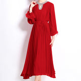 Fongt Heavy Industry Set Diamond Wool Sleeves High-Grade Pressure Folding Dress Women Loose Strap Belt Belt Elegant Long Dress