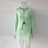 Ribbed Tops And Skirts Sets Autumn Two Pieces Sexy Zipper Full Sleeve White Matching