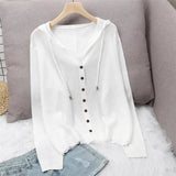 Knitted Hooded Cardigans For Women Summer Thin Long Seeve Sunscreen Shirt Single Breasted Solid Knitwear Coat Tops