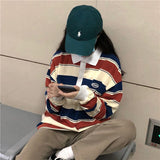 Polo Collar Stiped Oversized Long Sleeve Tee-Outfit