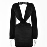 V Neck Flower Dress Sexy Babes Long Sleeve Backless Temperament Bag Hip Skirt Elegant Party Dress Club Clothing-Outfit