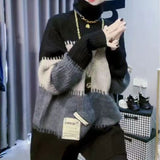 Vintage Striped Spliced Sweaters 2023 Autumn Winter Casual Turtleneck Female Clothing Korean Split Patch Designs Jumpers-Outfit