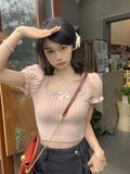Collar French Bubble Sleeve T-Shirt For Summer New Lace Design Set In Black Short-Sleeved