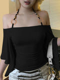 Fongt Shoulder Design Beads With Hanging Neck Horn Sleeve Tops The Folding Tight Waist Thin Knitting Temperament Top
