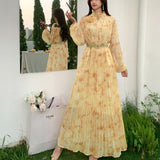 Fongt Light Luxury Temperament Dress Female High-End Feel Strapped Waist Three-Dimensional Flower Lantern Sleeve Print Dress