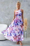 Fongt Women's New Printed Dress Fashion Sexy Slanted Shoulder Folded Empty Dress 8062