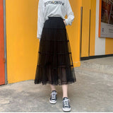 Fongt New Long Lace Layer Patchwork Mesh Skirt Over The Knee A Word Versatile Vertical Skirt Female Autumn-Outfit