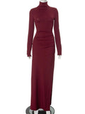 Turtleneck Long Sleeve Draped Slit Maxi Dress-Outfit