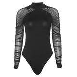Fongt High Round Collar Mesh Stitching Long Sleeve Slim Solid Color Joined Female Support Board