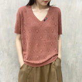 Fongt Summer Solid Color Loose Short-Sleeved Bottom Shirt Literary Casual Jacket V-Neck Knit T-Shirt Women-Outfit