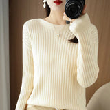 Fongt Round Collar Knit Women's Thin Early Spring And Autumn With A Sweater Long-Sleeve T-Shirt Wool Undershirt Loose.-Outfit