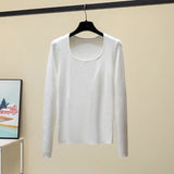 Autumn Long Sleeve Knitted Sweater Pullovers Girls Square Collar Tops Jumpers Women Base Jumper Slim Knitwear-Outfit