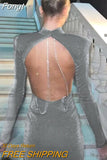 Sexy Backless Chain Glitter Party Dress for Women 2023 Autumn Round Neck Long Sleeve Elegant Evening Mini