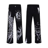 graffiti skull personalized print men jeans ins trend street couple streetwear Hip-hop straight leg loose jeans-Outfit