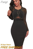 New Arrival Black Bandage Dress 2023 Women Beaded Sexy Mesh Long Sleeve Bandage Dress Bodycon Evening Party Club