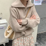Women Rib Knitting Open Zipper Lapel Sweater 2021 Autumn Vintage Pullover Knitwear Long Sleeve Retro Ladies Knit Jumper
