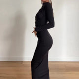 Fongt 2023 New Solid Color Round Collar Pleated Design Slim Wrap Buttock Dress-Outfit
